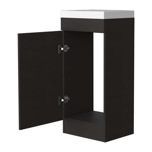 16" Black Wood Freestanding Single Door Bathroom Vanity With White Sink