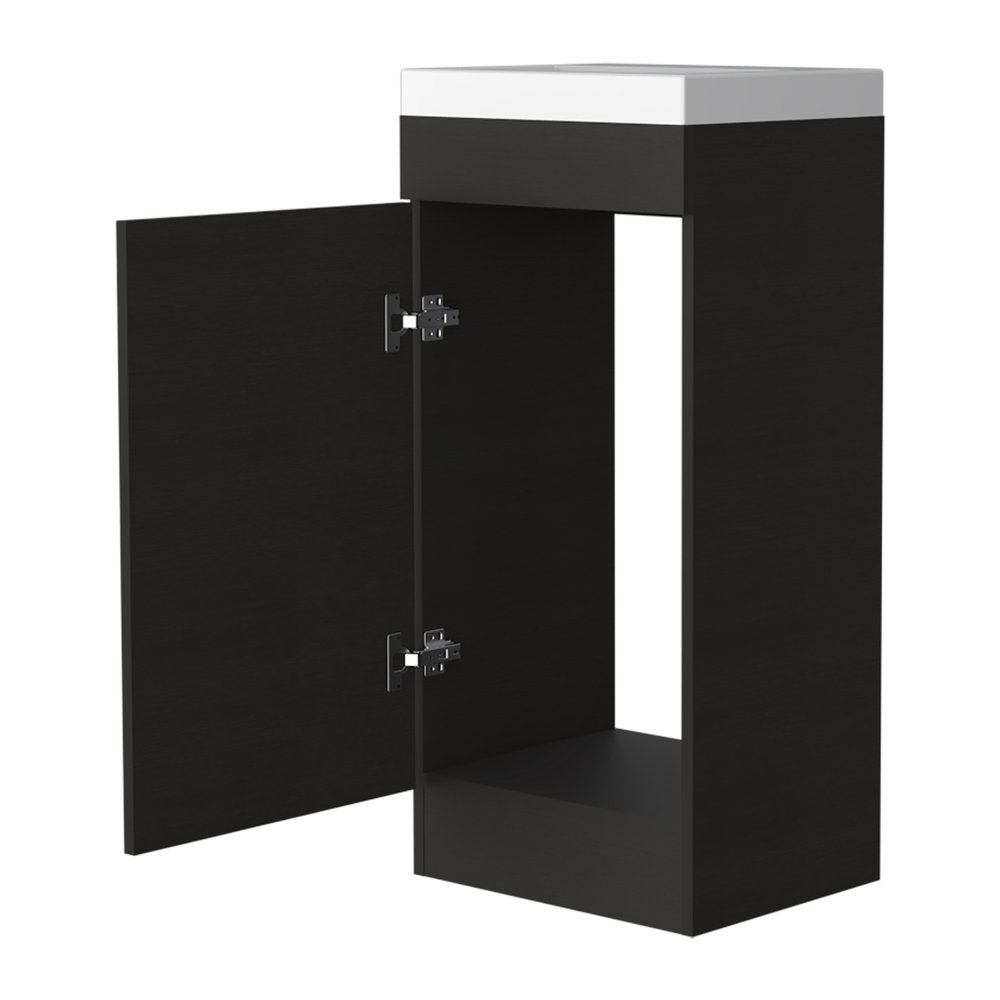 16" Black Wood Freestanding Single Door Bathroom Vanity With White Sink — view 2
