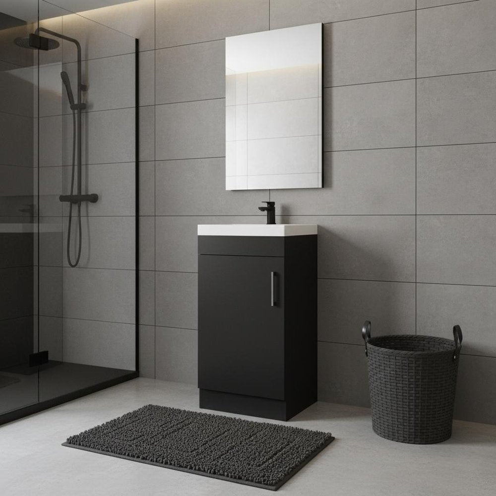 16" Black Wood Freestanding Single Door Bathroom Vanity With White Sink — view 4