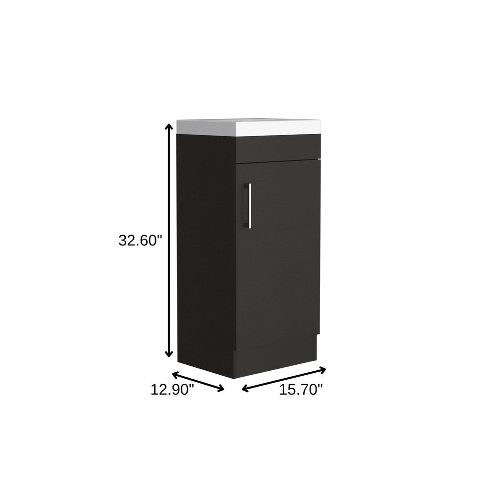 16" Black Wood Freestanding Single Door Bathroom Vanity With White Sink — view 3