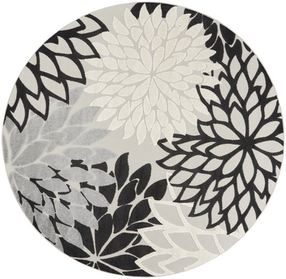 8' X 8' Black And White Round Floral Non Skid Indoor Outdoor Area Rug