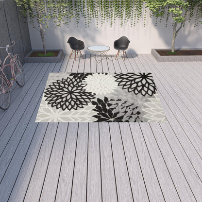 9' X 12' Black And White Floral Non Skid Indoor Outdoor Area Rug