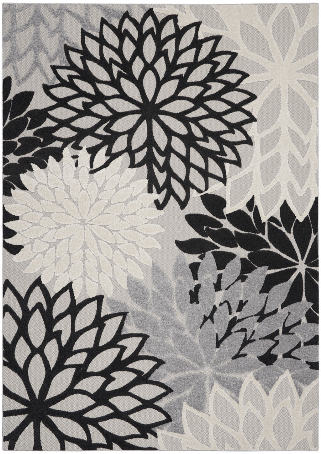 9' X 12' Black And White Floral Non Skid Indoor Outdoor Area Rug