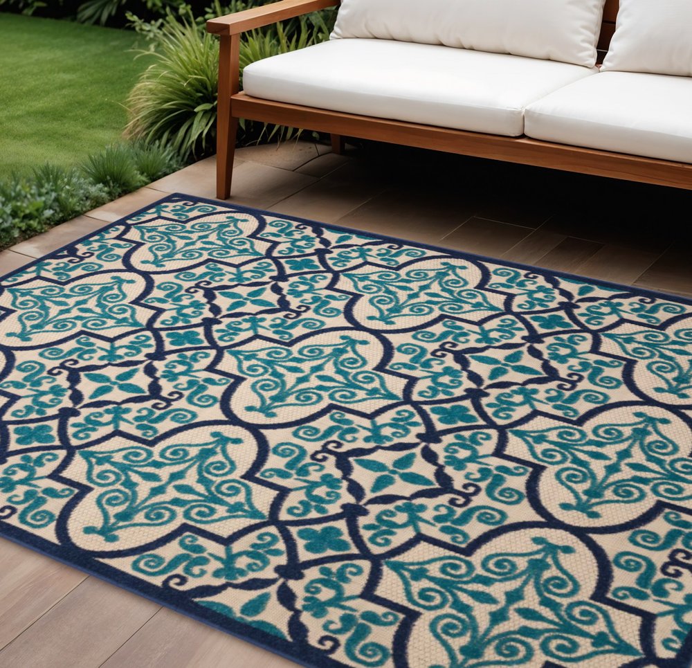 10' X 13' Blue And Ivory Indoor Outdoor Area Rug — view 4