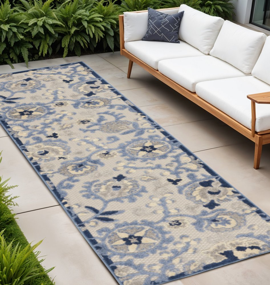 8' Blue And Gray Indoor Outdoor Runner Rug — view 4