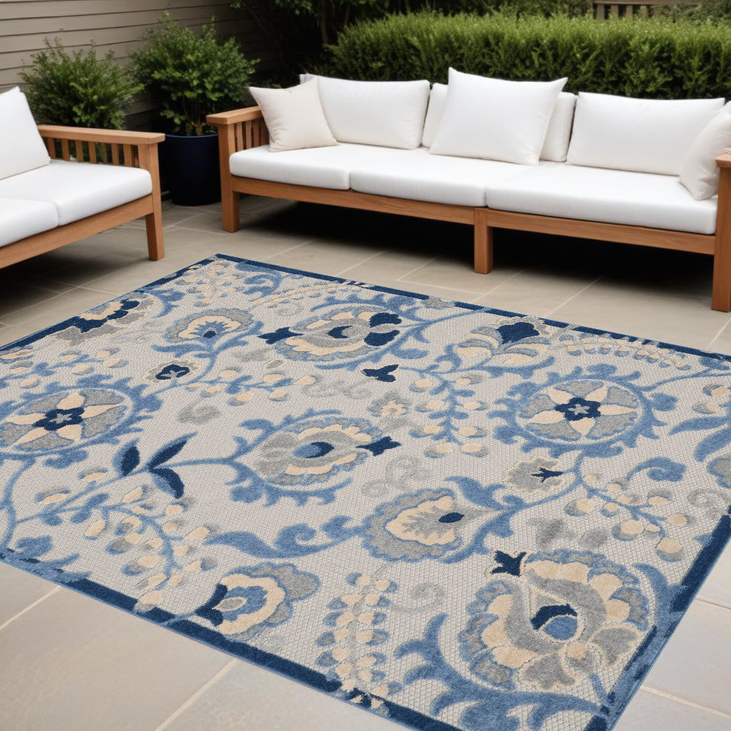 9' X 12' Blue And Grey Toile Non Skid Indoor Outdoor Area Rug