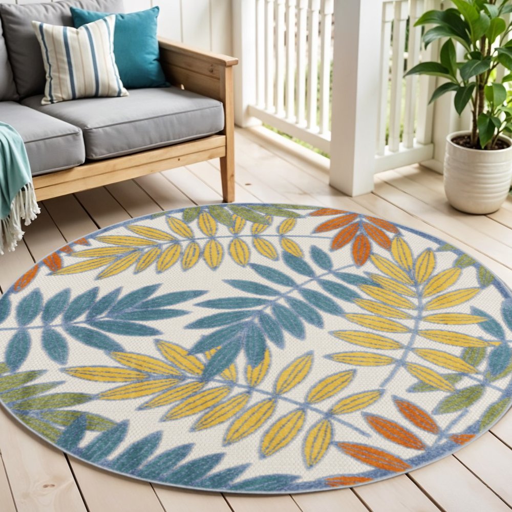 4' Ivory And Blue Round Indoor Outdoor Area Rug — view 4