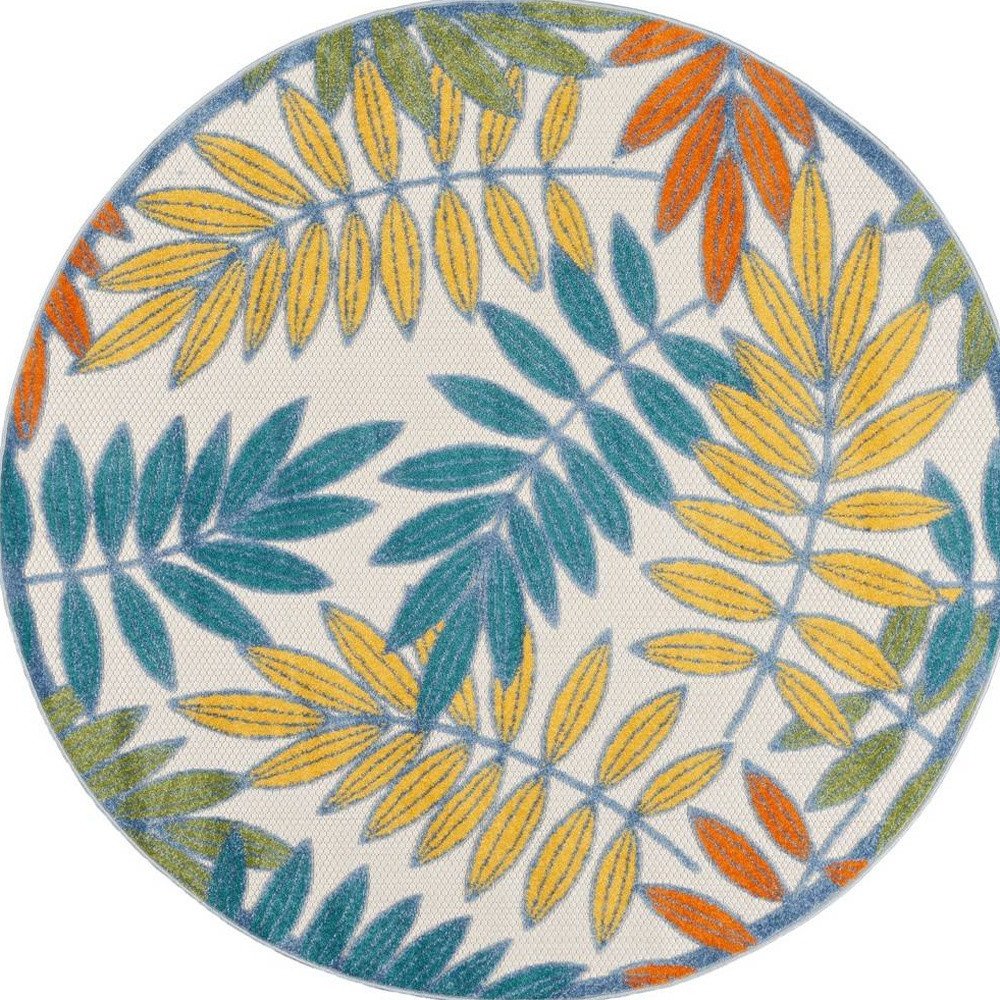 4' Ivory And Blue Round Indoor Outdoor Area Rug — view 3