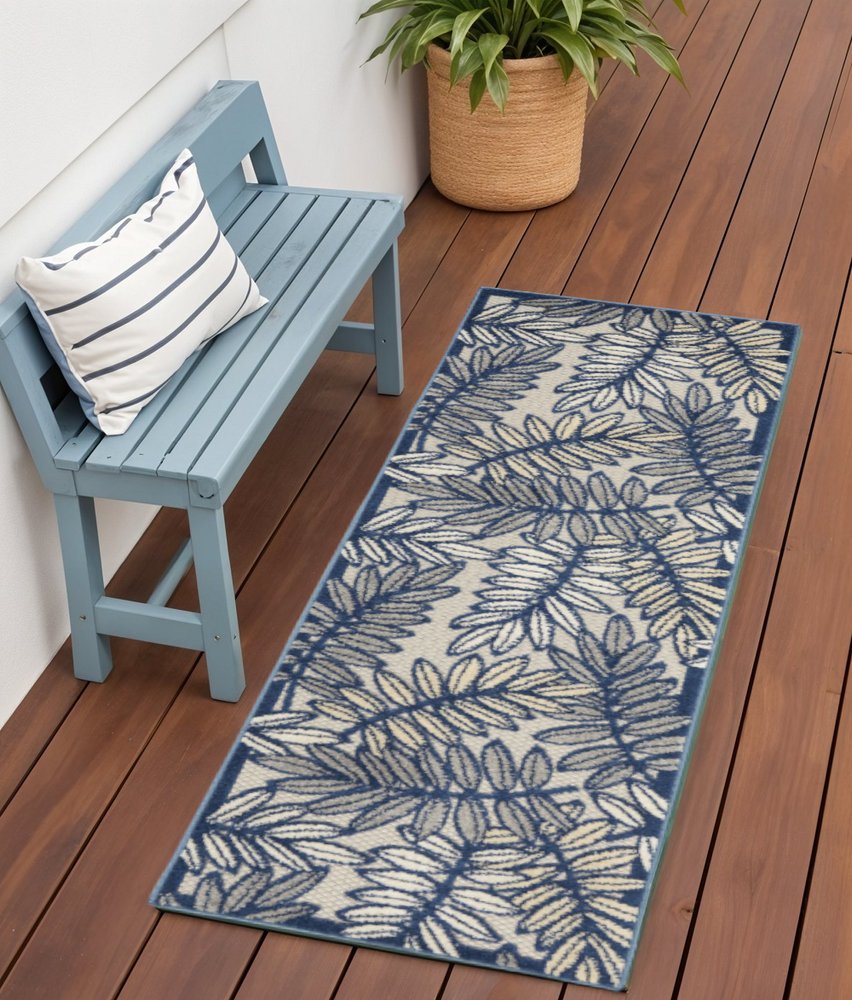6' Ivory And Blue Indoor Outdoor Runner Rug — view 4