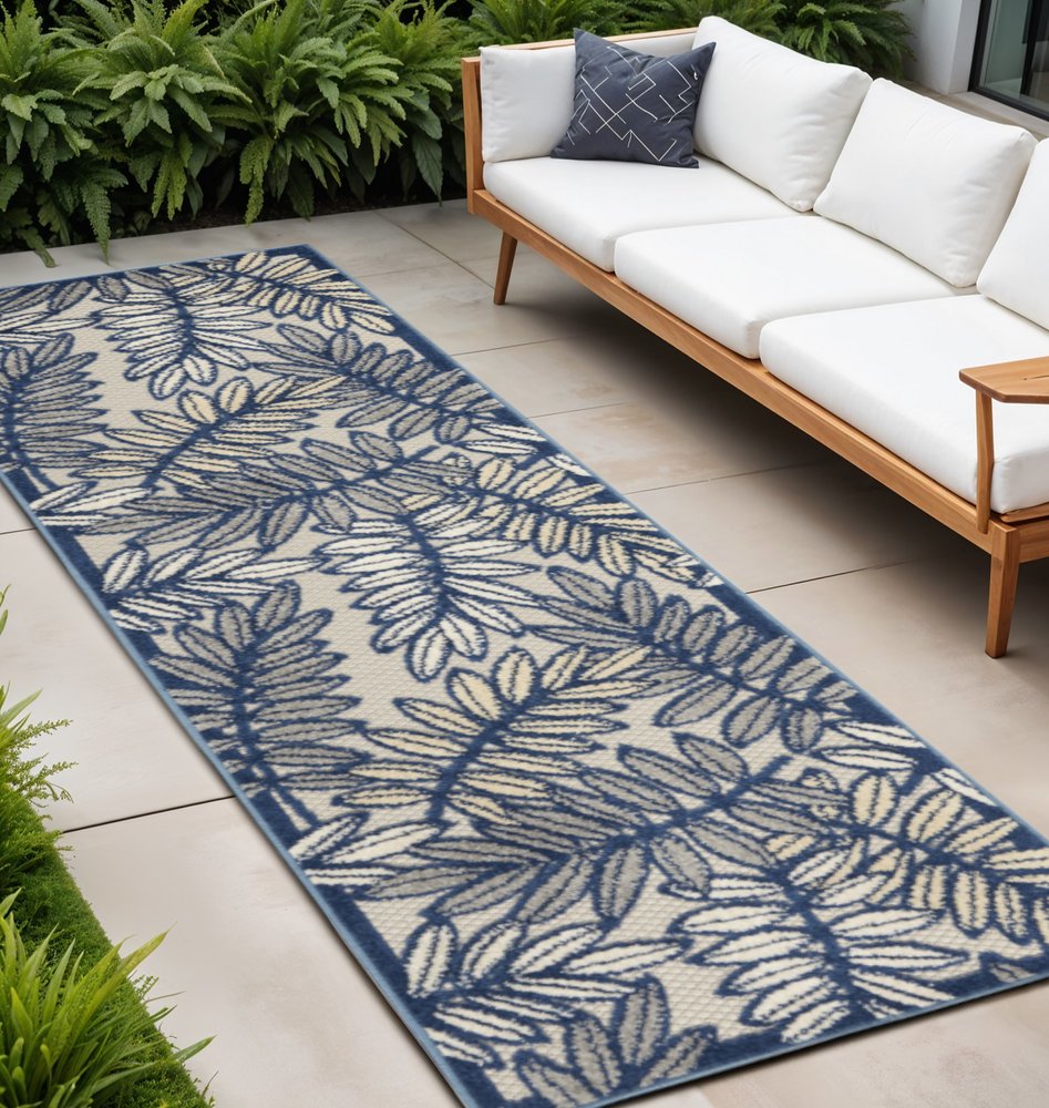 8' Ivory And Blue Indoor Outdoor Runner Rug — view 4
