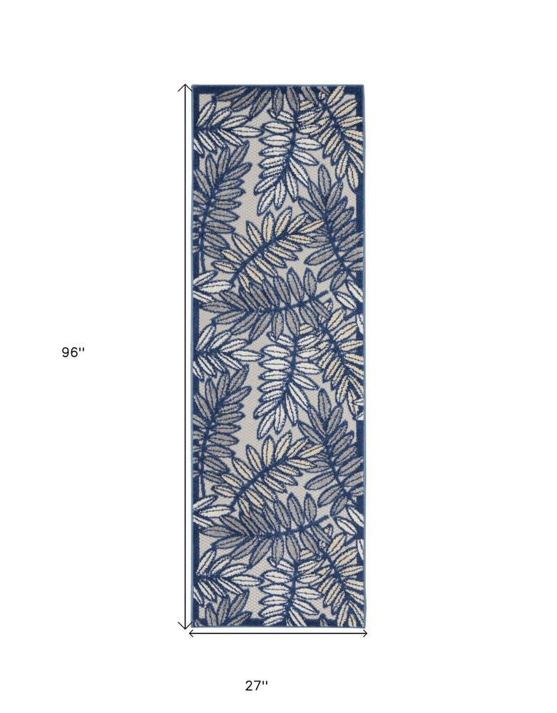 8' Ivory And Blue Indoor Outdoor Runner Rug — view 1