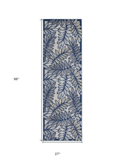 8' Ivory And Blue Indoor Outdoor Runner Rug
