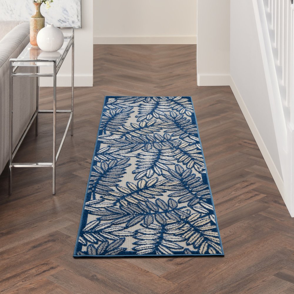 8' Ivory And Blue Indoor Outdoor Runner Rug — view 7