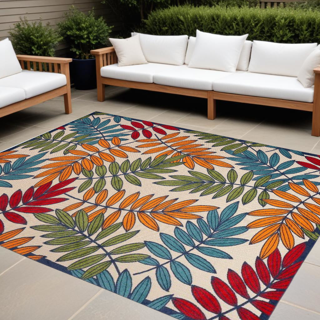 9' X 12' Beige Green And Orange Floral Non Skid Indoor Outdoor Area Rug