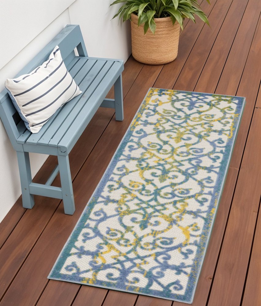 6' Ivory And Blue Indoor Outdoor Area Rug — view 2