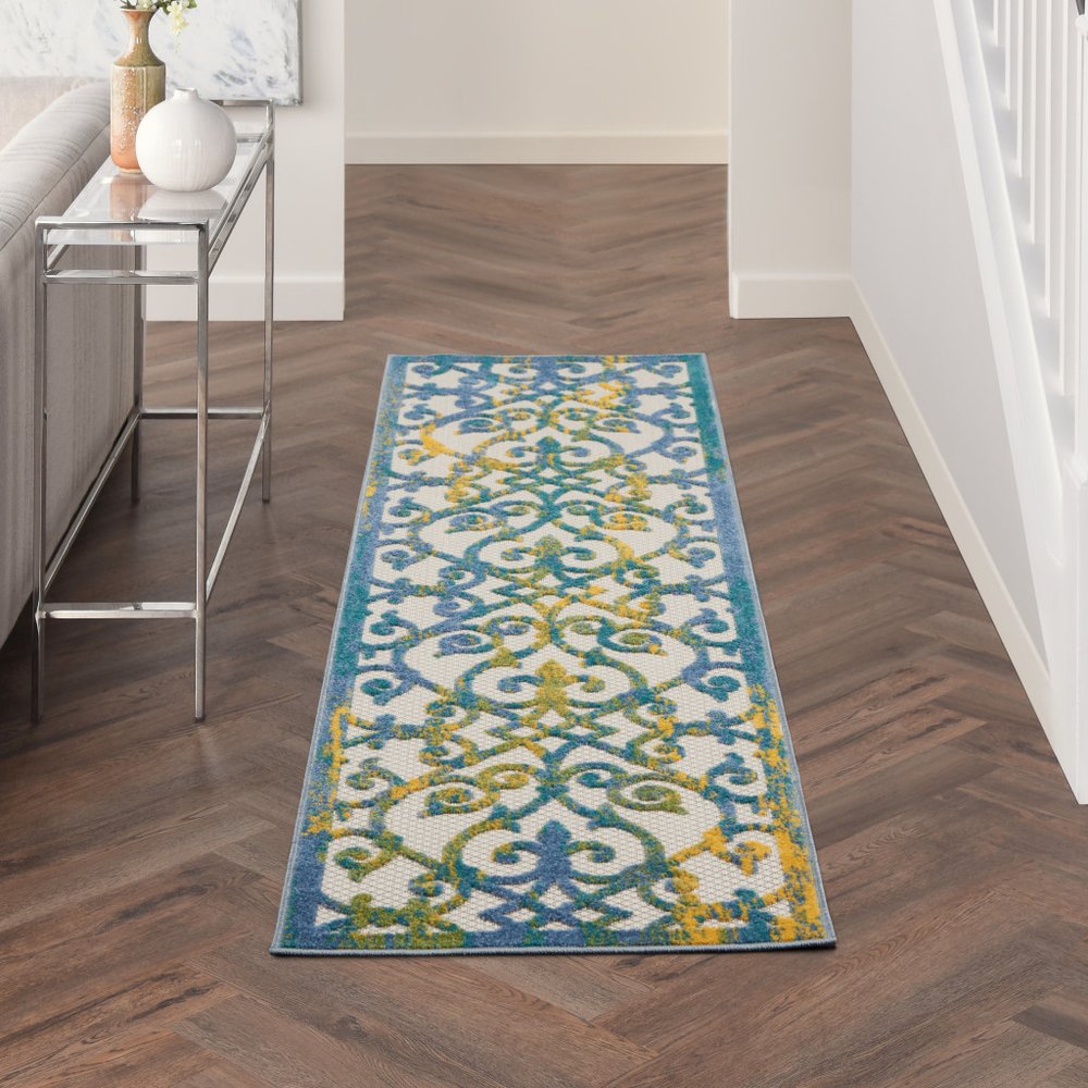 8' Ivory And Blue Indoor Outdoor Area Rug HomeRoots
