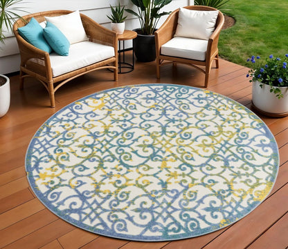 8' X 8' Ivory And Blue Round Indoor Outdoor Area Rug HomeRoots