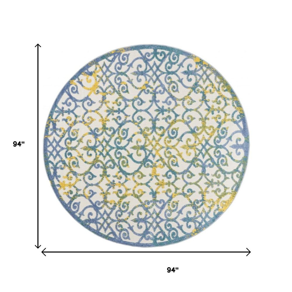 8' X 8' Ivory And Blue Round Indoor Outdoor Area Rug — view 3