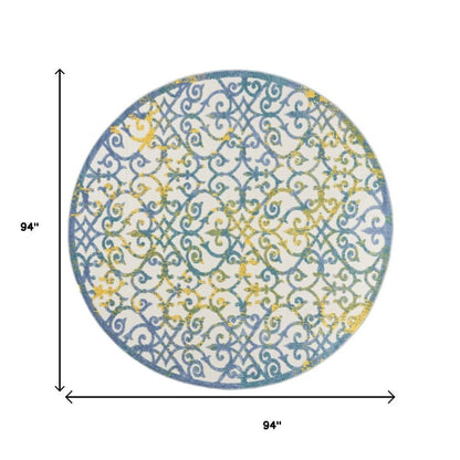 8' X 8' Ivory And Blue Round Indoor Outdoor Area Rug HomeRoots