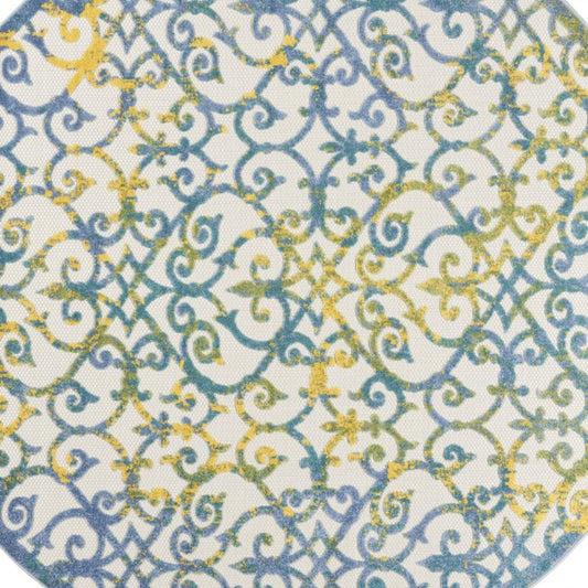 8' X 8' Ivory And Blue Round Indoor Outdoor Area Rug