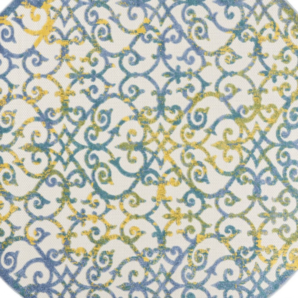 8' X 8' Ivory And Blue Round Indoor Outdoor Area Rug — view 1