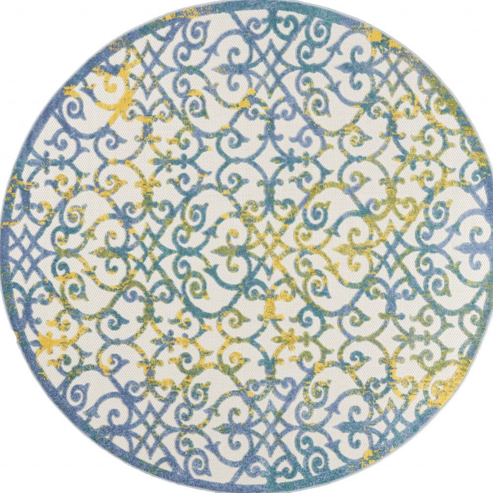 8' X 8' Ivory And Blue Round Indoor Outdoor Area Rug HomeRoots