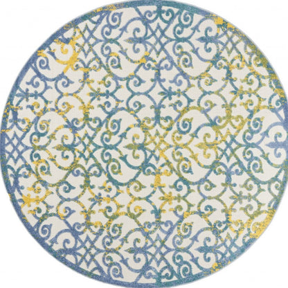 8' X 8' Ivory And Blue Round Indoor Outdoor Area Rug HomeRoots