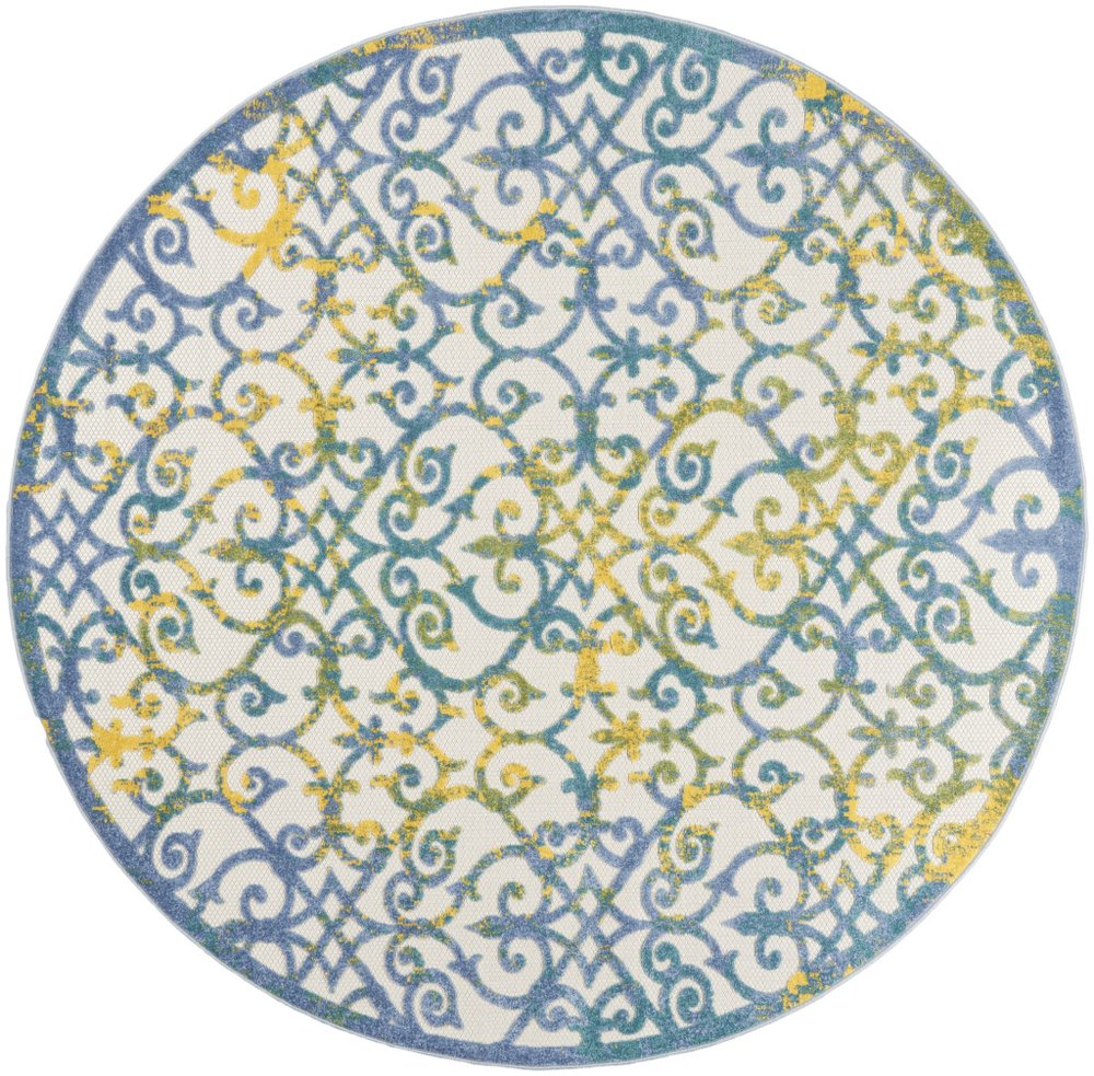 8' X 8' Ivory And Blue Round Indoor Outdoor Area Rug — view 8