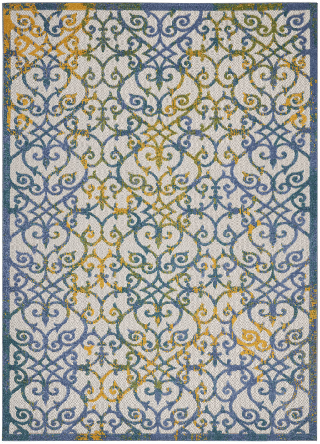 9' X 12' Ivory And Blue Damask Non Skid Indoor Outdoor Area Rug