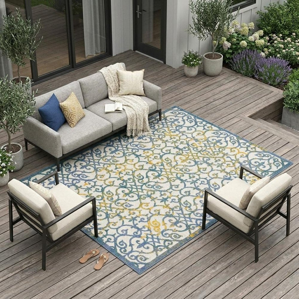9' X 12' Ivory And Blue Indoor Outdoor Area Rug — view 10