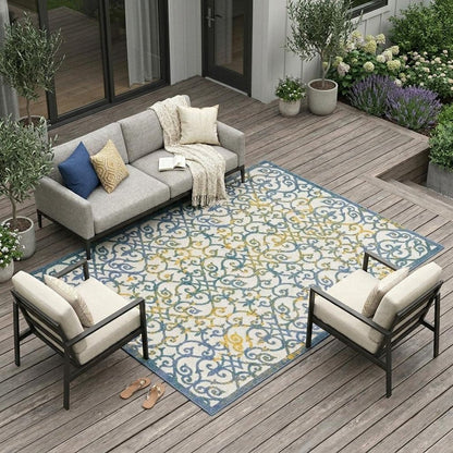 9' X 12' Ivory And Blue Indoor Outdoor Area Rug HomeRoots