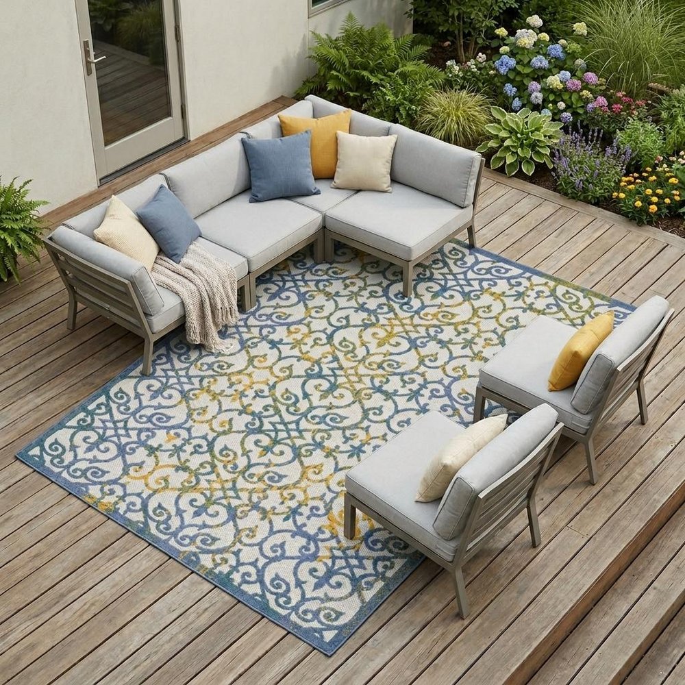 10' X 13' Ivory And Blue Indoor Outdoor Area Rug — view 10