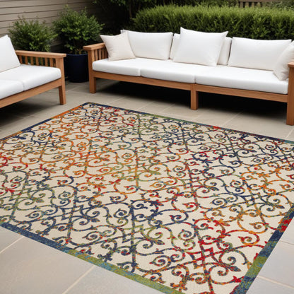 9' X 12' Ivory Blue And Green Damask Non Skid Indoor Outdoor Area Rug