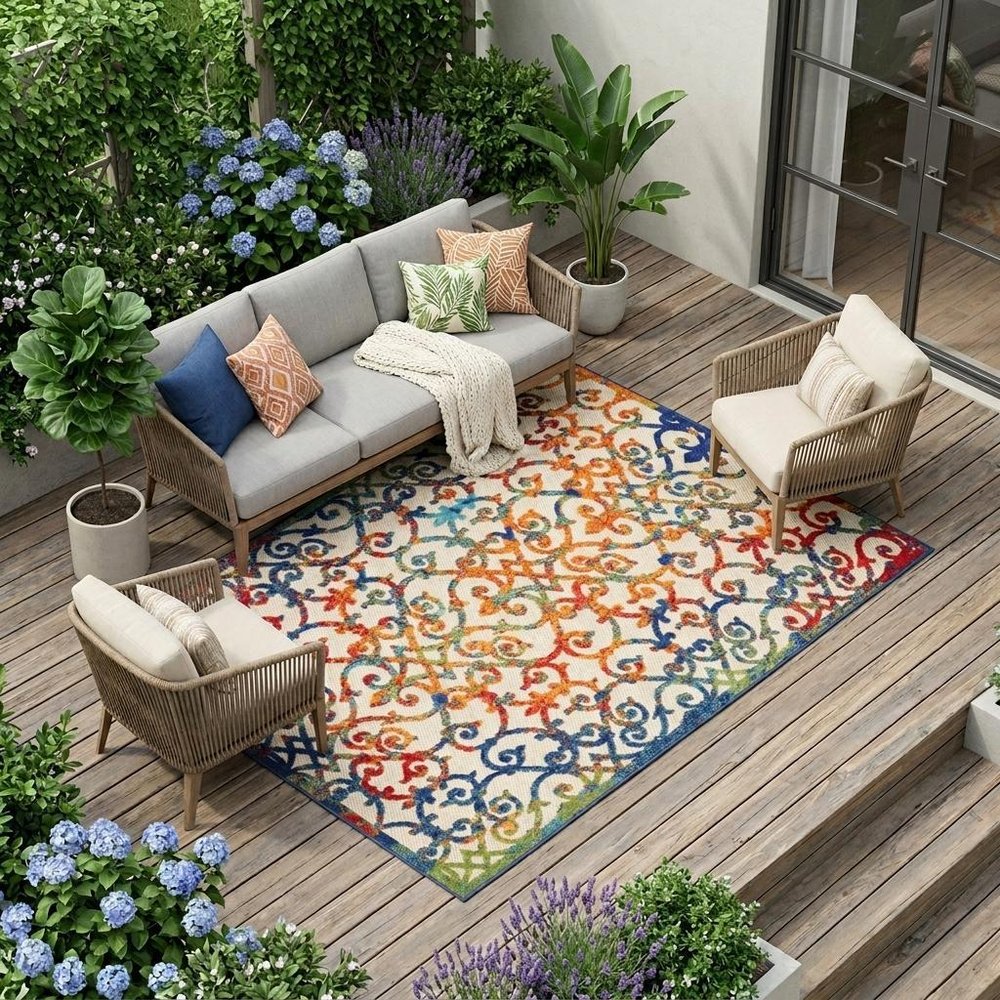 10' X 13' Ivory And Blue Indoor Outdoor Area Rug HomeRoots