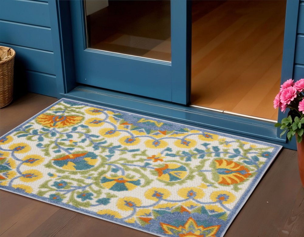 3' X 4' Yellow And Ivory Indoor Outdoor Area Rug HomeRoots