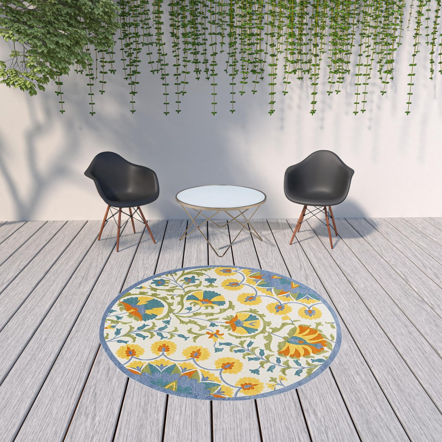 8' X 8' Blue Yellow And White Round Toile Non Skid Indoor Outdoor Area Rug