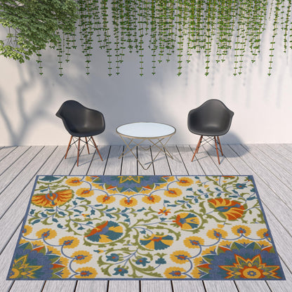 9' X 12' Blue Yellow And White Toile Non Skid Indoor Outdoor Area Rug