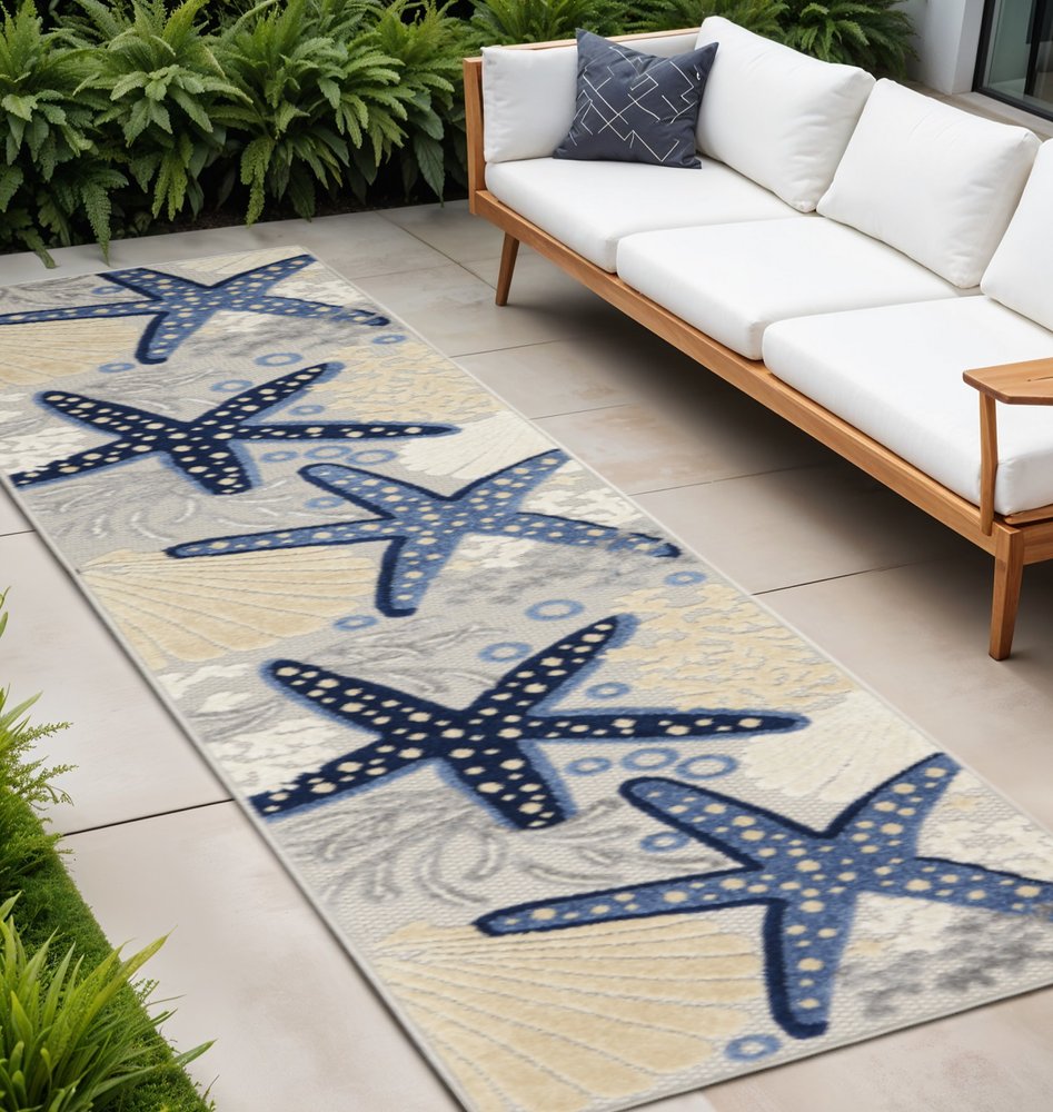10' Blue And Gray Indoor Outdoor Runner Rug HomeRoots