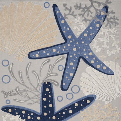 9' X 12' Blue and Gray Starfish Indoor Outdoor Area Rug