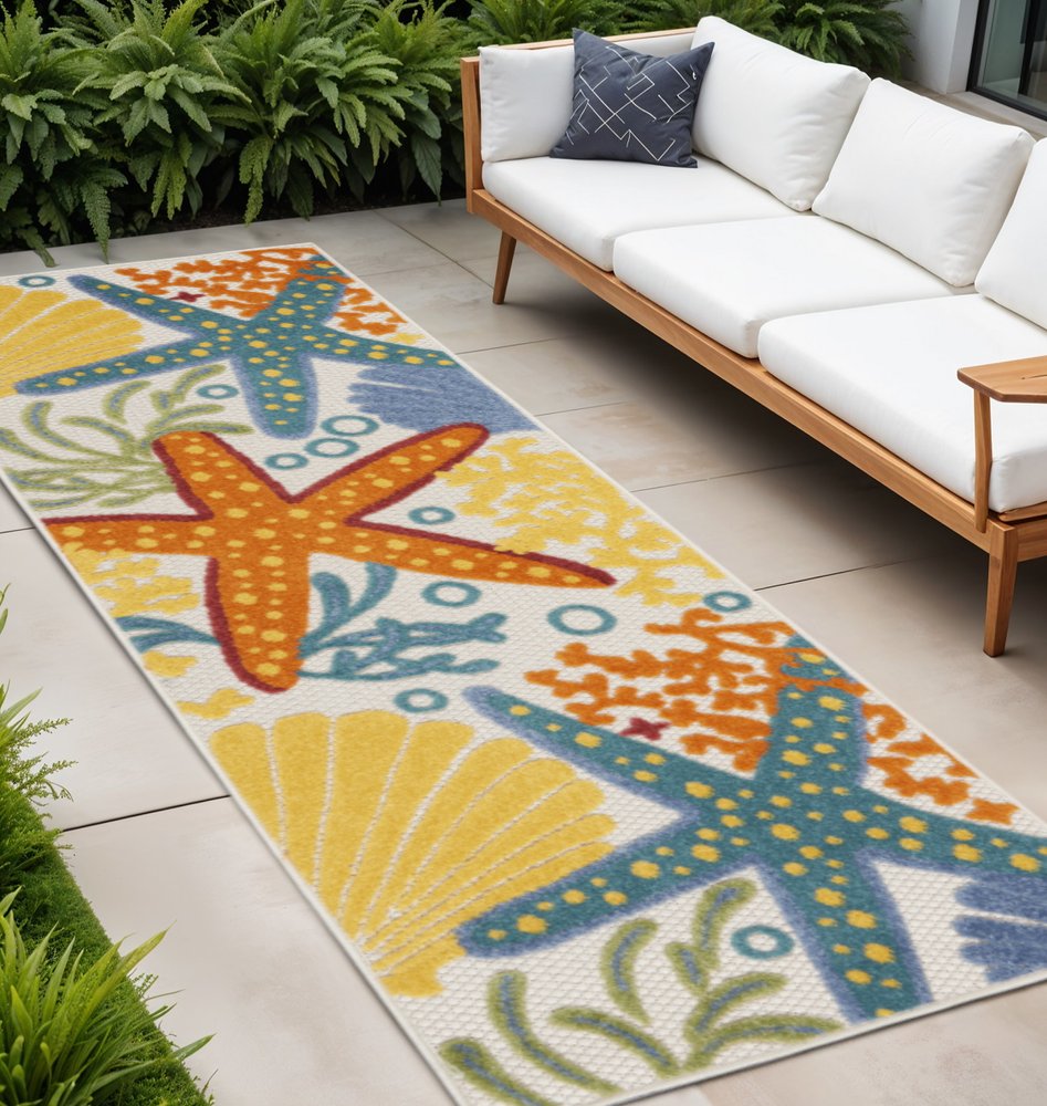 8' Blue And Orange Indoor Outdoor Runner Rug — view 3