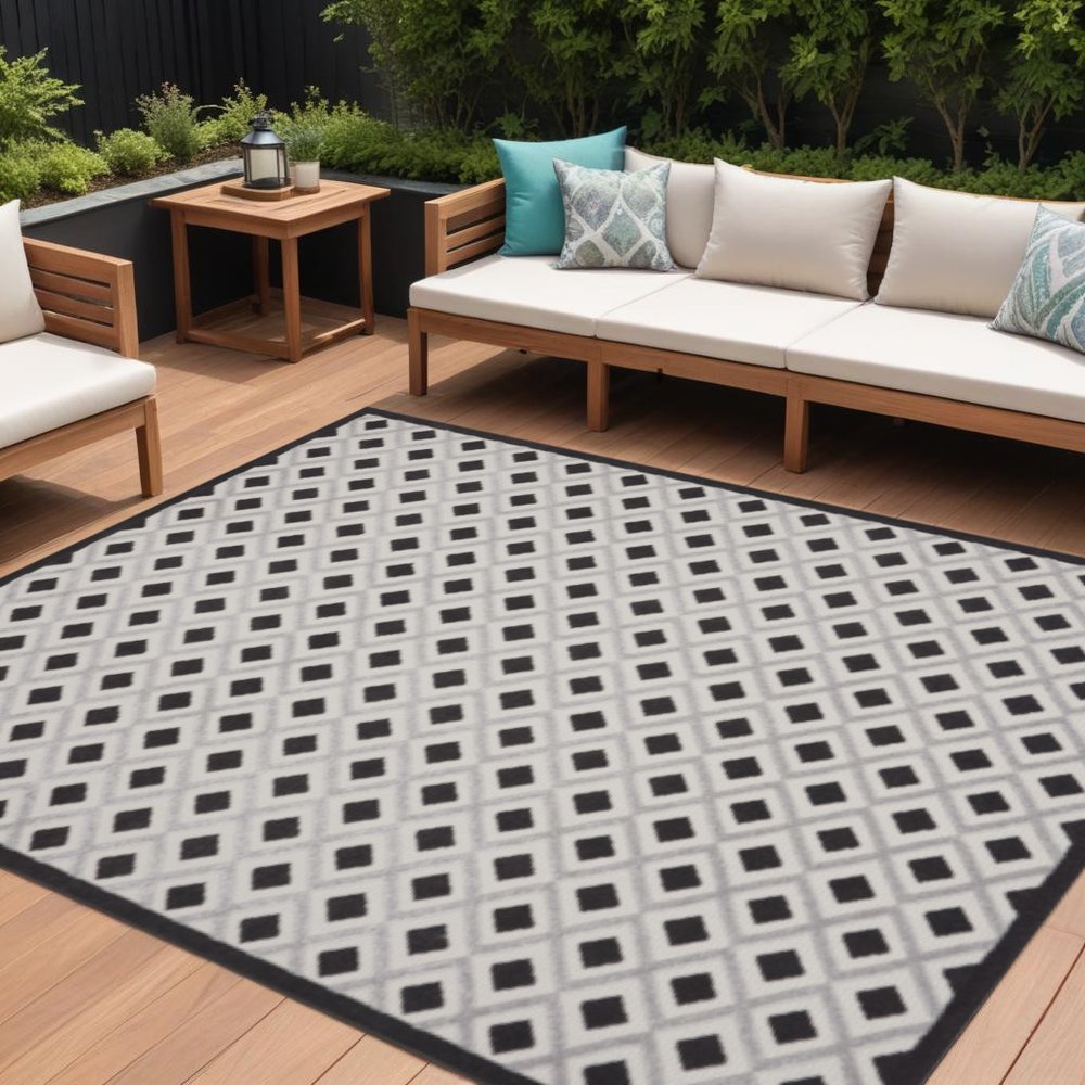 12' X 15' Black And White Gingham Non Skid Indoor Outdoor Area Rug HomeRoots