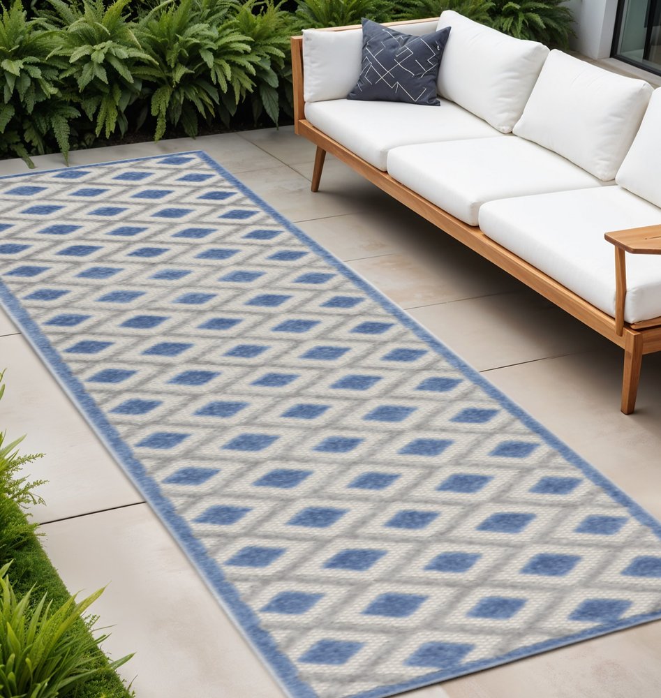 10' Blue And Gray Indoor Outdoor Runner Rug HomeRoots