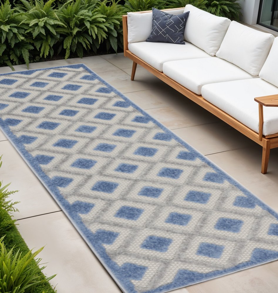 8' Blue And Gray Indoor Outdoor Runner Rug — view 2