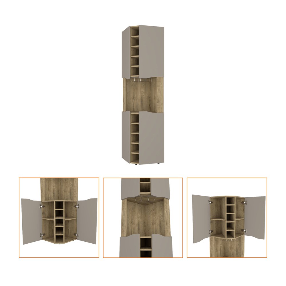 72" Brown and Taupe Wood Corner Bar Cabinet With Four Doors HomeRoots