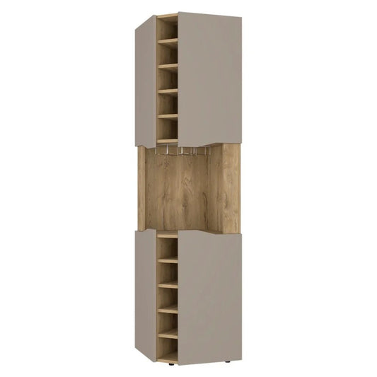 72" Brown and Taupe Wood Corner Bar Cabinet With Four Doors