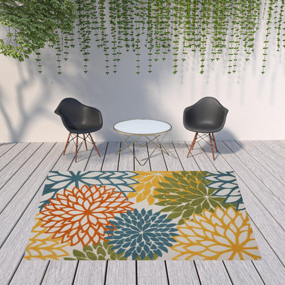 8' X 11' Turquoise Floral Non Skid Indoor Outdoor Area Rug