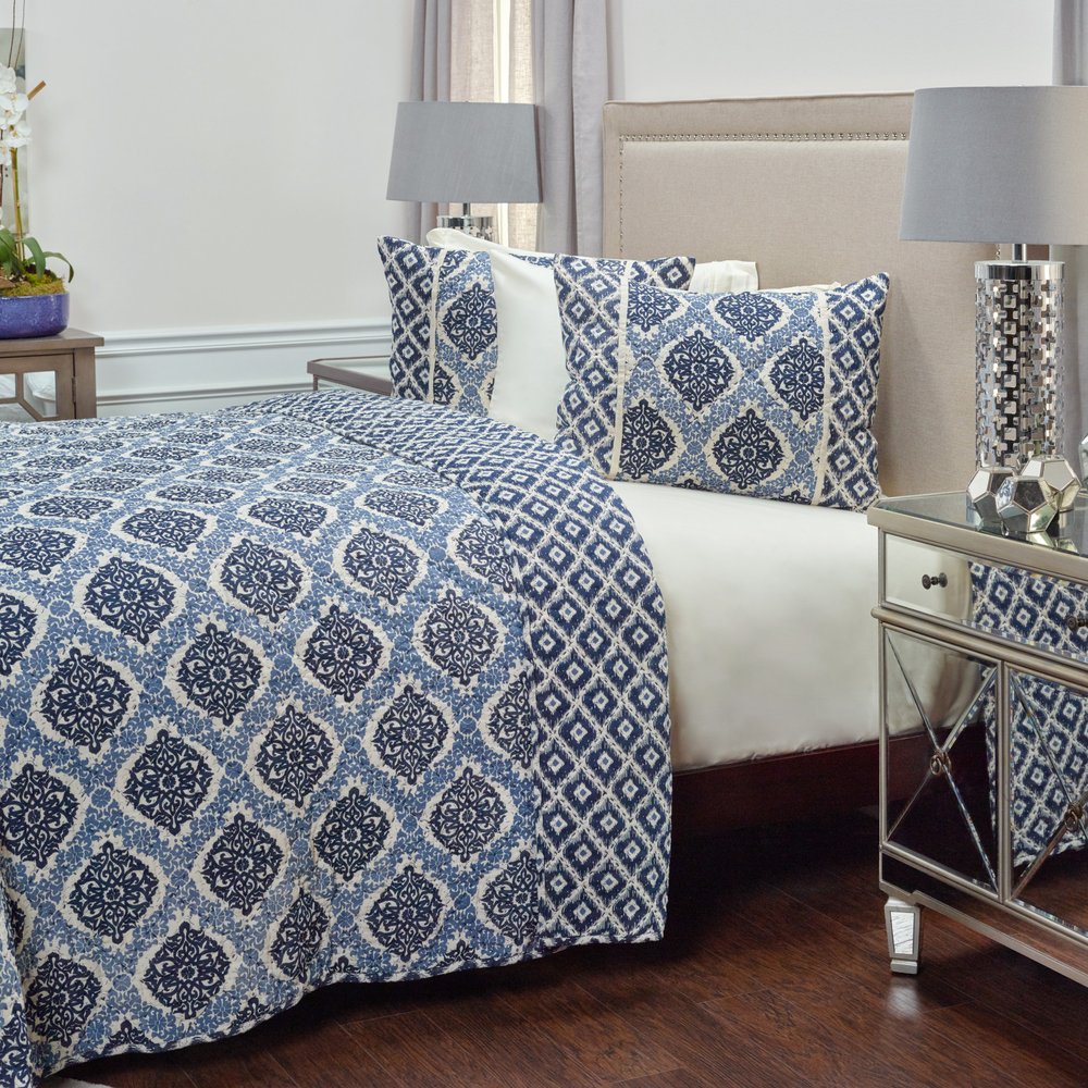 Blue And Ivory Damask Queen Quilt HomeRoots