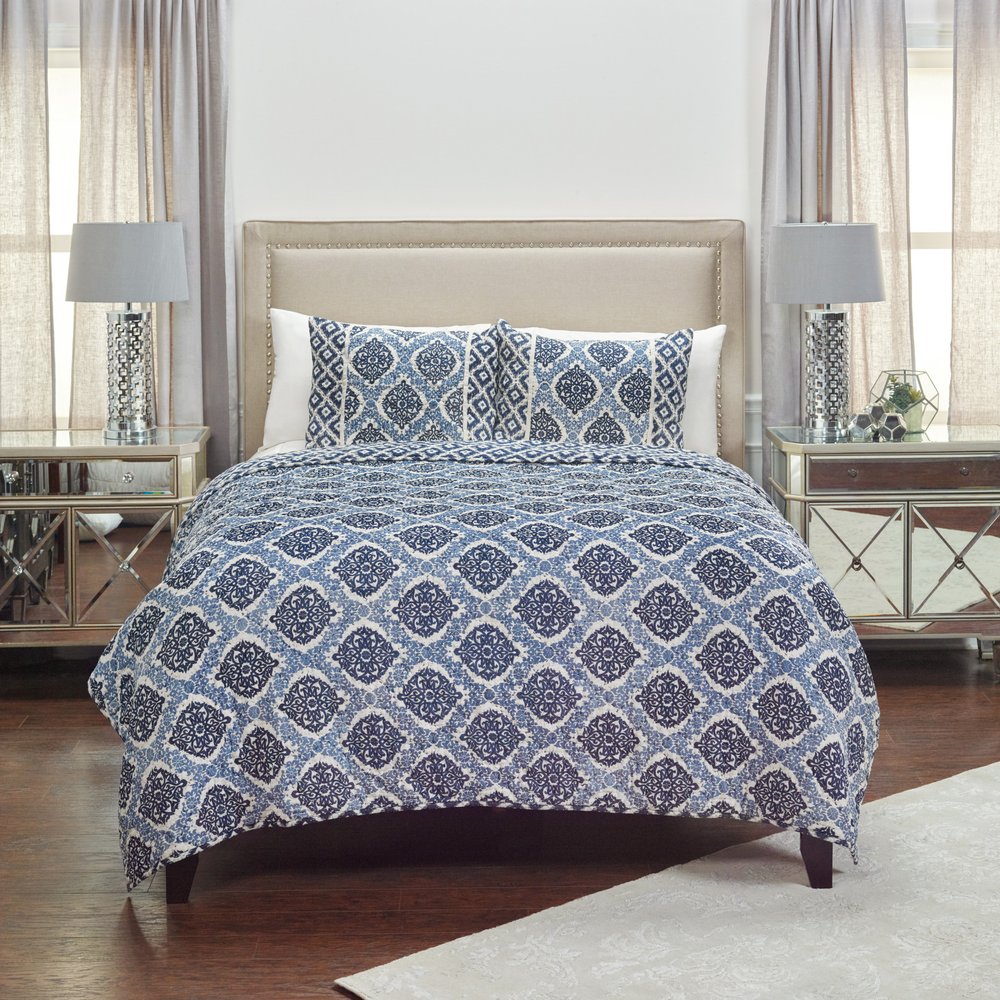 Blue And Ivory Damask Queen Quilt HomeRoots
