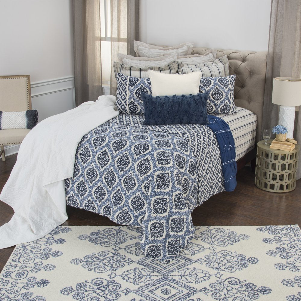 Blue And Ivory Damask Queen Quilt HomeRoots