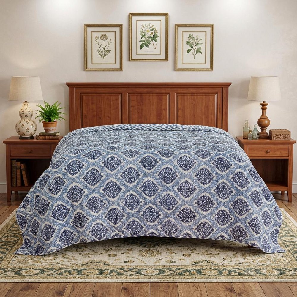 Blue And Ivory Damask Queen Quilt HomeRoots